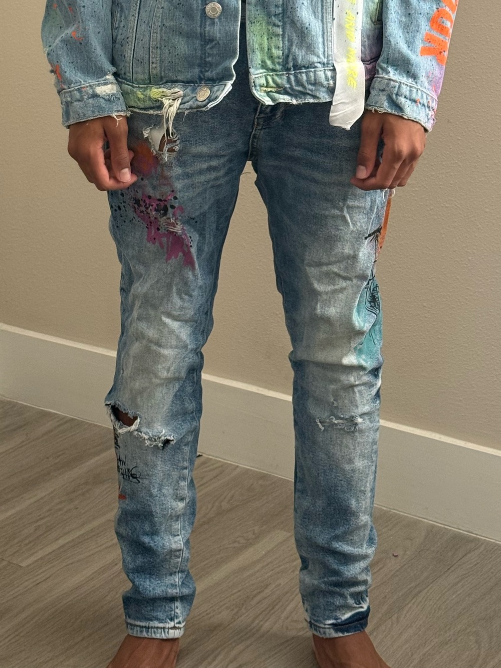 Zara Light Blue Skinny Jeans with Paint-Splash Detail